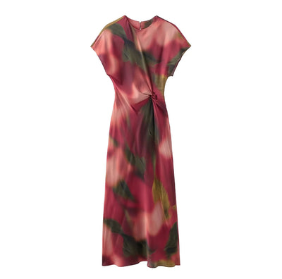 Women's Versatile Silk Satin Texture Printed Midi Dress