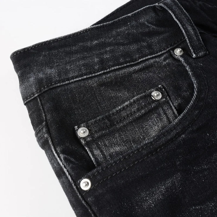 Men's High Street Black Jeans Embroidered Letters Skinny Stretch Jeans