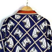 Luxury Imitation Silk Horse Deep Blue Long Sleeves Shirt