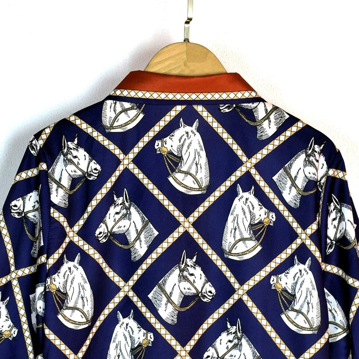 Luxury Imitation Silk Horse Deep Blue Long Sleeves Shirt