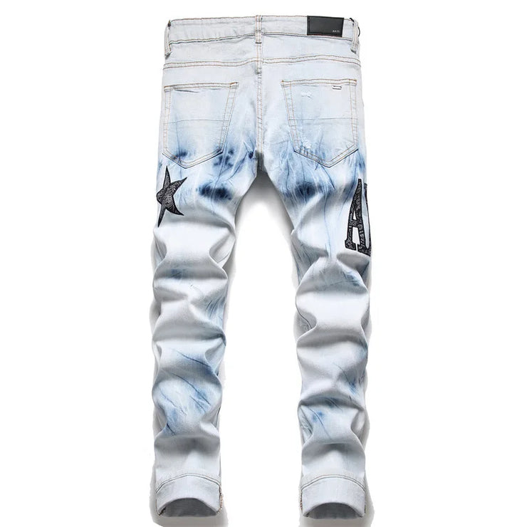 Men's Embroidered Five-Pointed Star Fashion Elastic Slim Fit Trouser