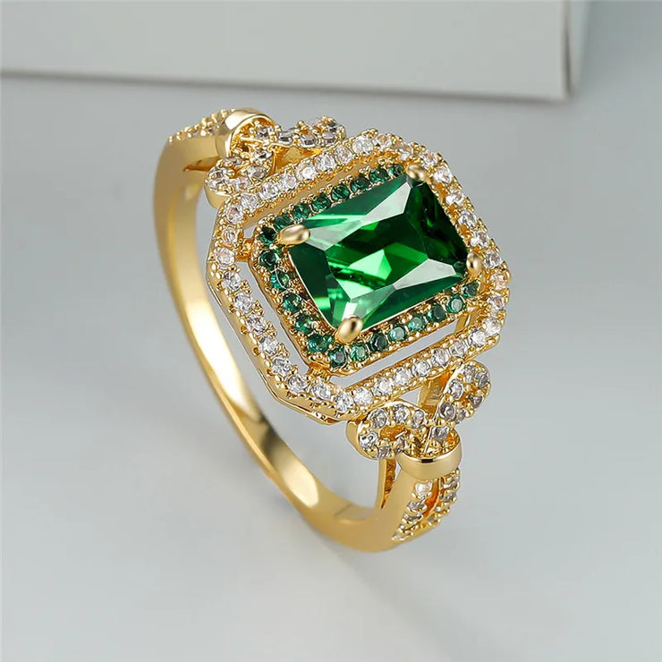 Luxury Crystal Green Zircon Square Stone Ring