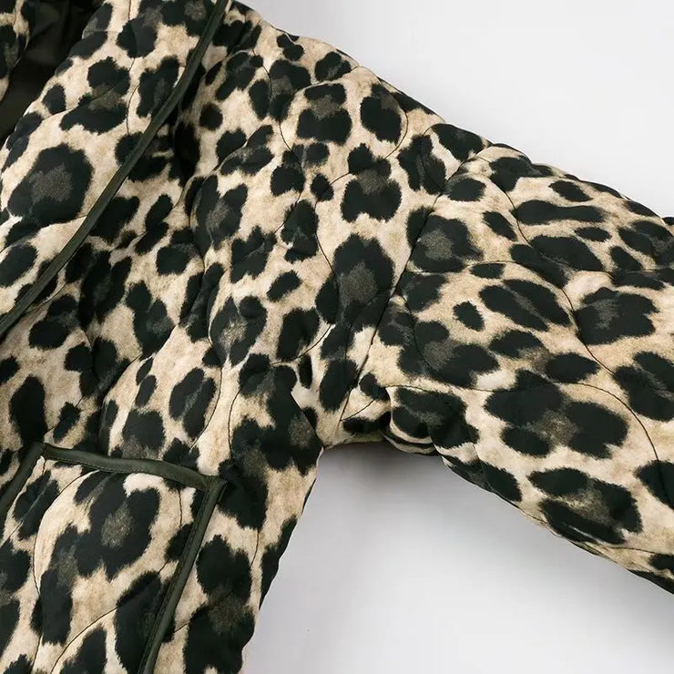 RETRO GREEN BLACK LEOPARD PRINT LAPEL QUILTED COAT