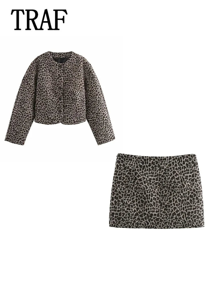 ANIMAL PRINT O NECK SINGLE BREASTED SHORT WOMEN SUIT