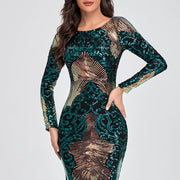 Luxury O-neck Long-Sleeve Shinning party Wear Dress