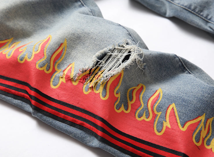 Embroidered Stretch Graffiti Print Ripped Jeans