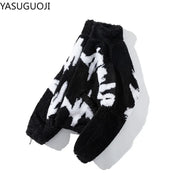 FAUX FUR LETTER PRINTRD STREETWEAR FLEECE  JIPPER COAT
