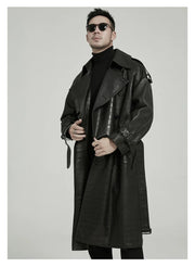 Long Black Crocodile Print Pu Leather Trench Men's coat