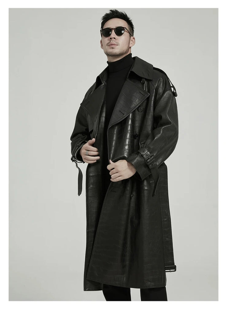 Long Black Crocodile Print Pu Leather Trench Men's coat