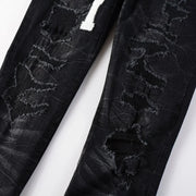Men's High Street Black Jeans Embroidered Letters Skinny Stretch Jeans