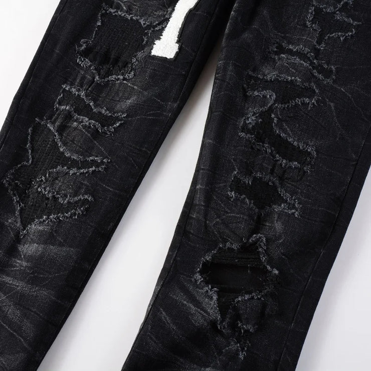 Men's High Street Black Jeans Embroidered Letters Skinny Stretch Jeans