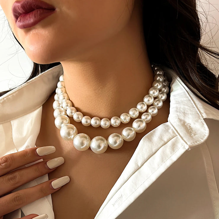 Elegant Two Piece Imitation Pearl Beaded Choker Necklaces