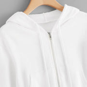 White Zip Up Hoodie Drawstring Long Sleeve