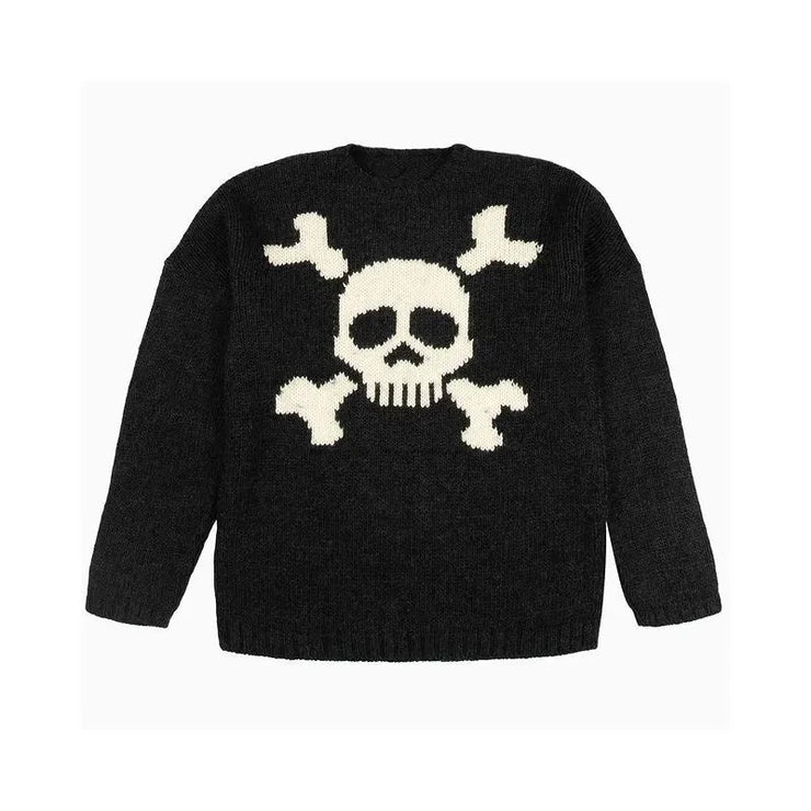 SKULL PRINTED BLACK KNITTED WOMENS SWEATER