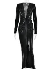 Articat Sexy Deep V Long Sleeve Lace Up Pleated Dress