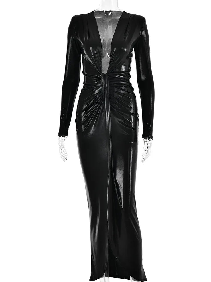 Articat Sexy Deep V Long Sleeve Lace Up Pleated Dress
