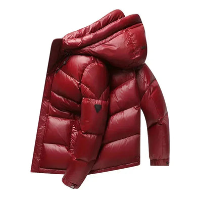 Men's Hooded Down Red Shiny Cold-Resistant Jacket