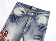 Designer Embroidered Hollow Letter Elastic Mid Rise Denim