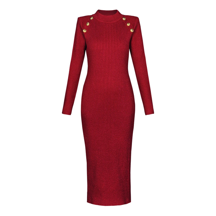 New Long Sleeve Round Neck Slim Midi Knit Dress