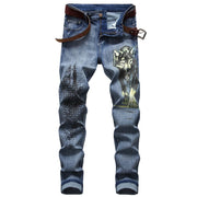 Black Wolf Pattern Printed Punk Straight denim