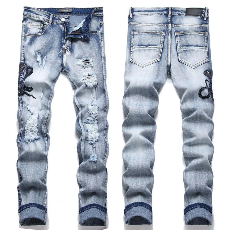 Blue Eyed Snake Embroidery Street Style Jeans