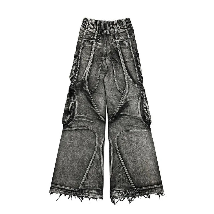American Vintage Stitching Multi-pocket Heavy Washing Baggy Jeans