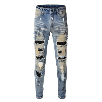 New Distressed Retro Hot Drill Splashed Ink Patchwork Slim Fit Jeans