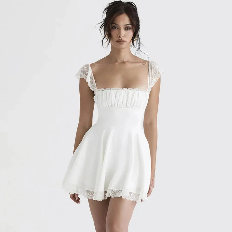Classic White Lace Strap Mini Backless Party Wear