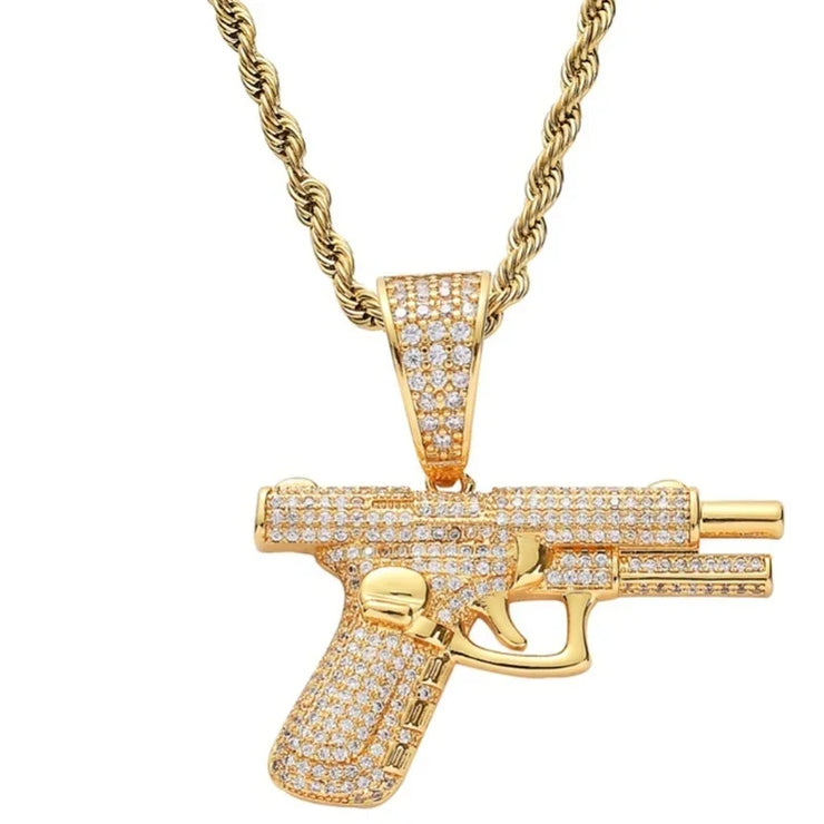 Bling Iced Out Pistol Pendant Submachine Gun Necklace