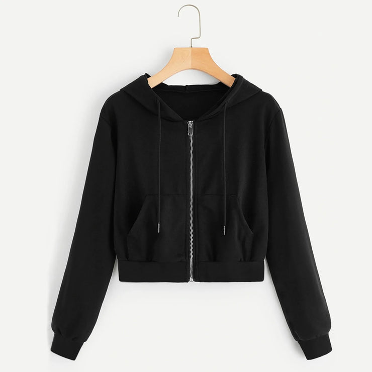 White Zip Up Hoodie Drawstring Long Sleeve