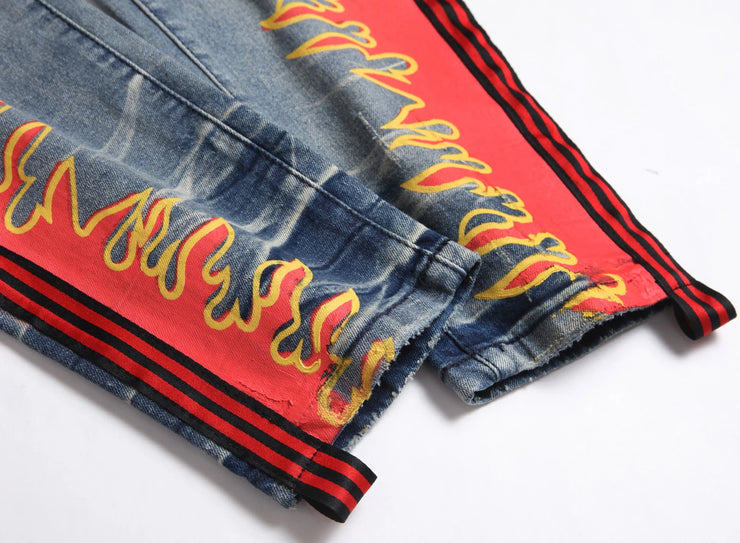 Embroidered Stretch Graffiti Print Ripped Jeans