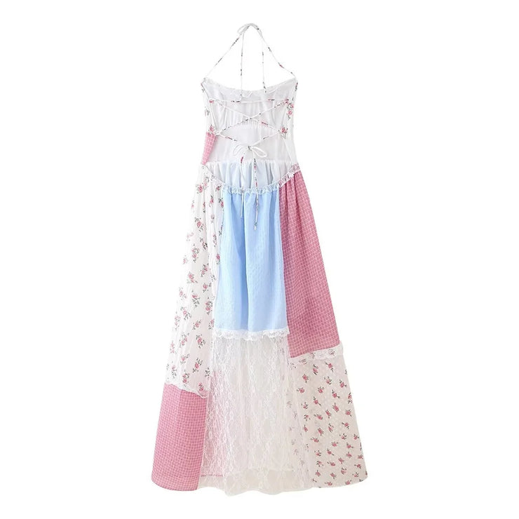 European niche hanging neck floral lace patchwork dress