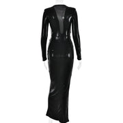 Articat Sexy Deep V Long Sleeve Lace Up Pleated Dress