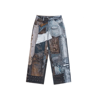 American Street Vintage Patchwork Digital Printed Jeans