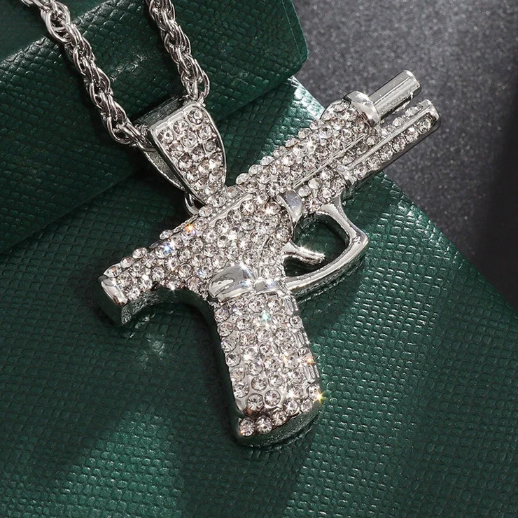 Bling Iced Out Pistol Pendant Submachine Gun Necklace