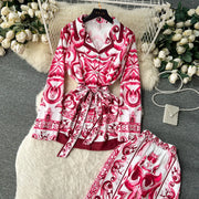 HIGH QUALITY TWO-PIECE NOTCHED COLLAR PORCELAIN PRINTED DRESS