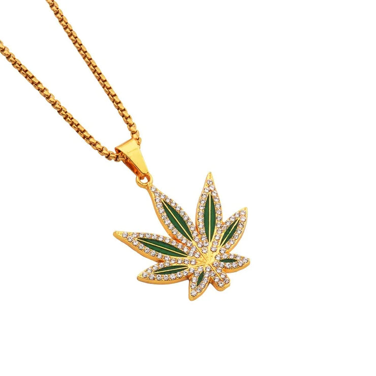 Rhinestone Weed Pendant Necklace