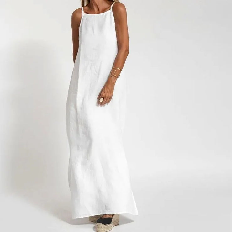 Women Cotton linen Side Split Long Slip Dress