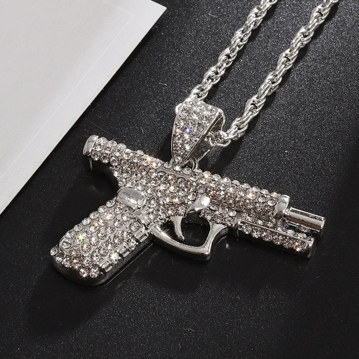 Bling Iced Out Pistol Pendant Submachine Gun Necklace