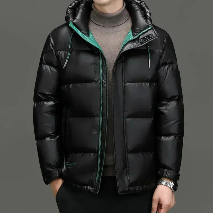 Men's Hooded Down Red Shiny Cold-Resistant Jacket