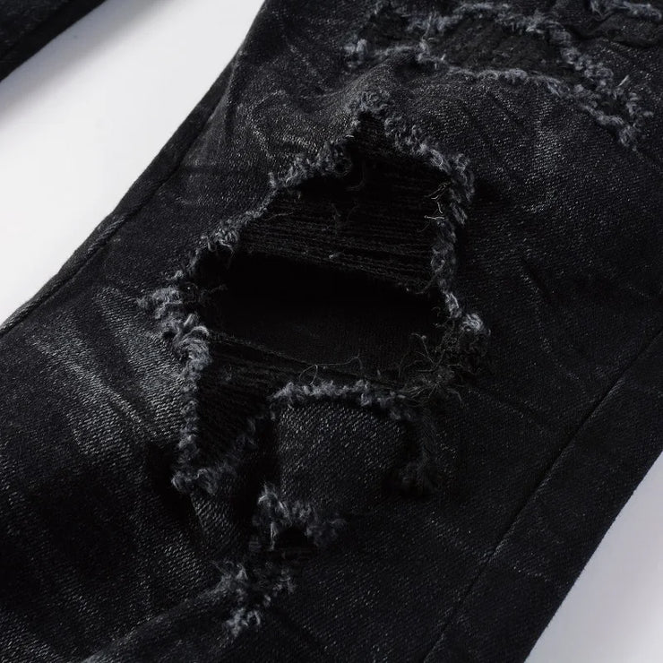 Men's High Street Black Jeans Embroidered Letters Skinny Stretch Jeans