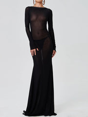 Black Long Lace Up Transparent Dress