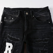 Men's High Street Black Jeans Embroidered Letters Skinny Stretch Jeans