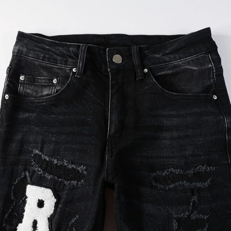 Men's High Street Black Jeans Embroidered Letters Skinny Stretch Jeans