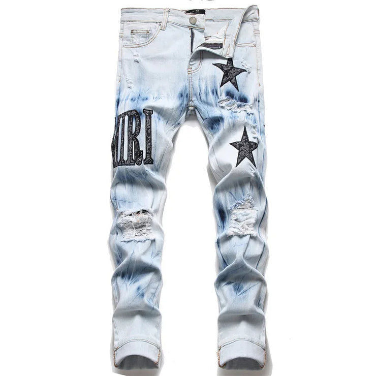 Men's Embroidered Five-Pointed Star Fashion Elastic Slim Fit Trouser