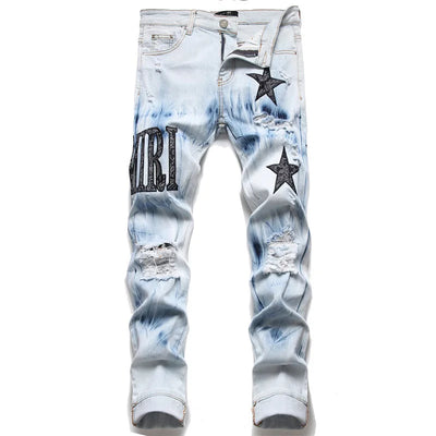 Men's Embroidered Five-Pointed Star Fashion Elastic Slim Fit Trouser
