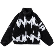 FAUX FUR LETTER PRINTRD STREETWEAR FLEECE  JIPPER COAT