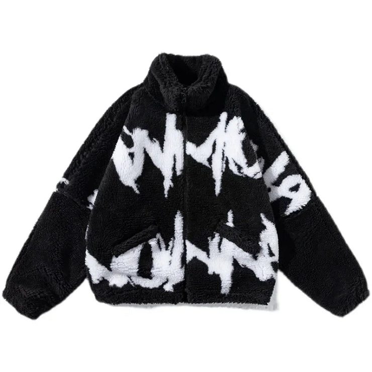 FAUX FUR LETTER PRINTRD STREETWEAR FLEECE  JIPPER COAT