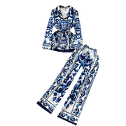 HIGH QUALITY TWO-PIECE NOTCHED COLLAR PORCELAIN PRINTED DRESS