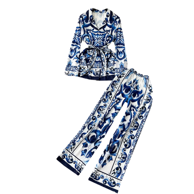 HIGH QUALITY TWO-PIECE NOTCHED COLLAR PORCELAIN PRINTED DRESS